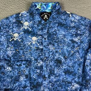 Rock Roll n Soul Shirt Mens L Blue Floral Pearl Snap Western Skull Flip Cuff